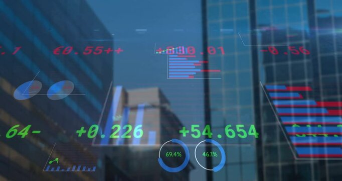 On play, transparent finance overlay animating charts, tickers and rings showing market trends