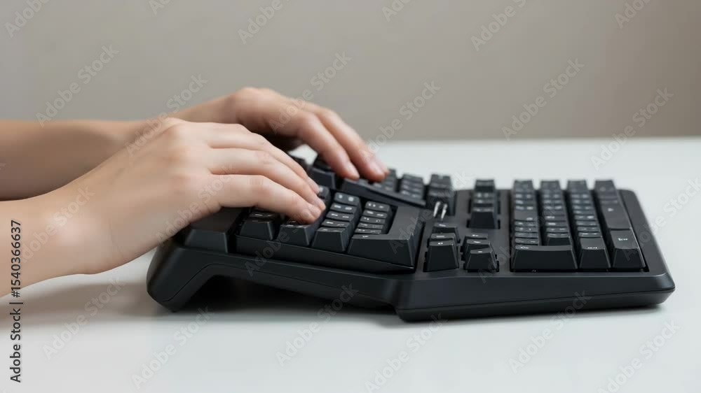 Poster typing on a keyboard in a bright workspace during work hours