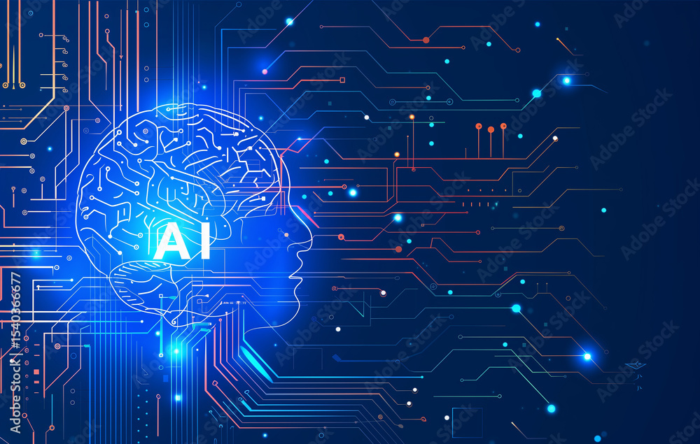 Poster artificial intelligence concept with brain and ai letters on a blue digital background