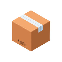 Fototapeta premium Sealed Brown Cardboard Box Isolated on Black Background, Shipping and Delivery Concept