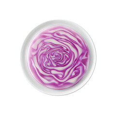 Overhead View of Shredded Red Cabbage Arranged in a Swirl Pattern on a White Plate