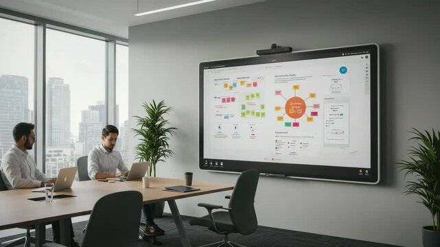 Team brainstorming in a modern office with digital collaboration tools and strategic planning