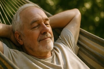 Older man relaxing peacefully in hammock with closed eyes surrounded by trees in balance with nature and inner calm