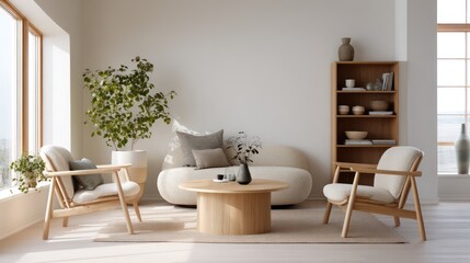 A Scandinavian-inspired living room pale wood furniture, neutral-colored textiles, minimalist decor, cool natural light casting soft shadows across