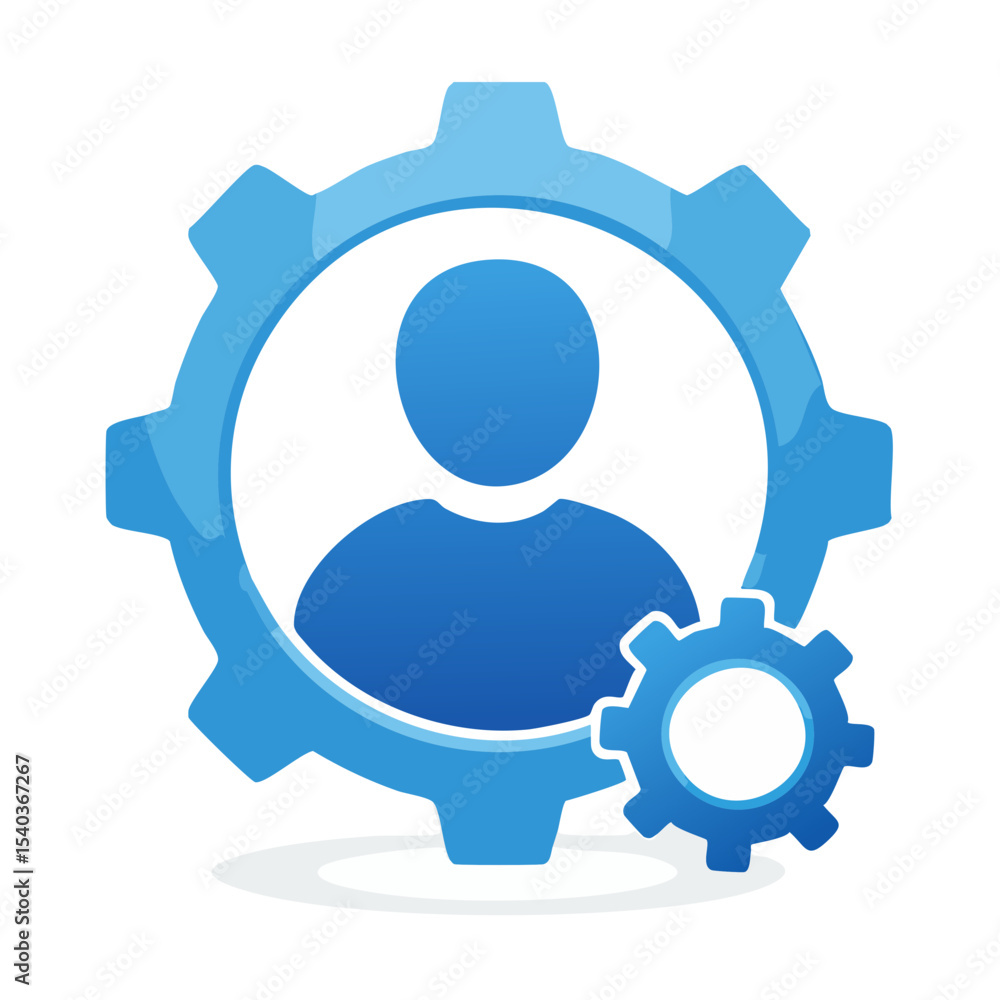 Poster user profile settings icon with gears for account management and configuration options in blue tones