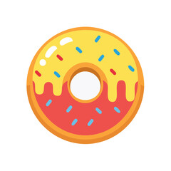 Fototapeta premium Colorful Donut with Yellow Glaze and Red Icing Isolated on Black Background Sweet Treat Confectionery Icon