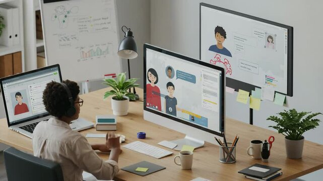 Engaging online collaboration in a modern workspace during the day with multiple screens and diverse graphics