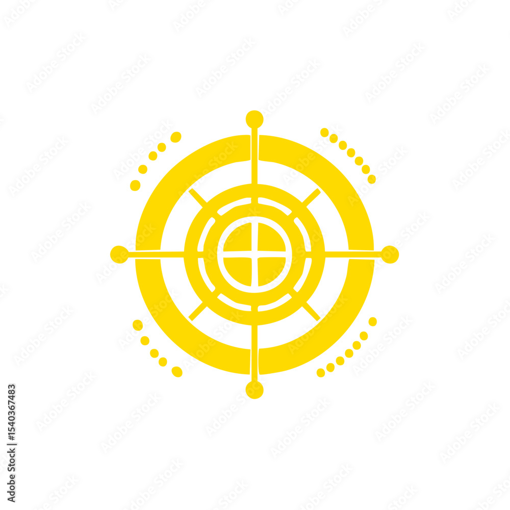 Poster abstract circular symbol with spokes and outer dots on black background
