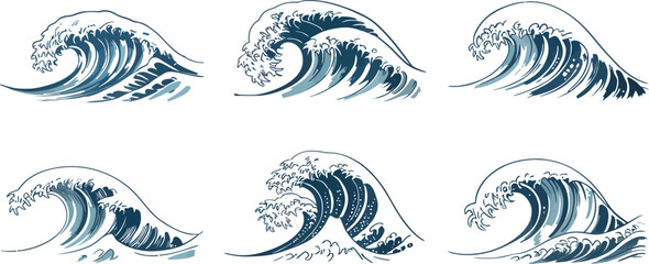 Six stylized blue wave illustrations arranged in a grid on a white background with window light