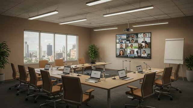 Virtual conference taking place in modern office with multiple participants on screen and collaborative workspace