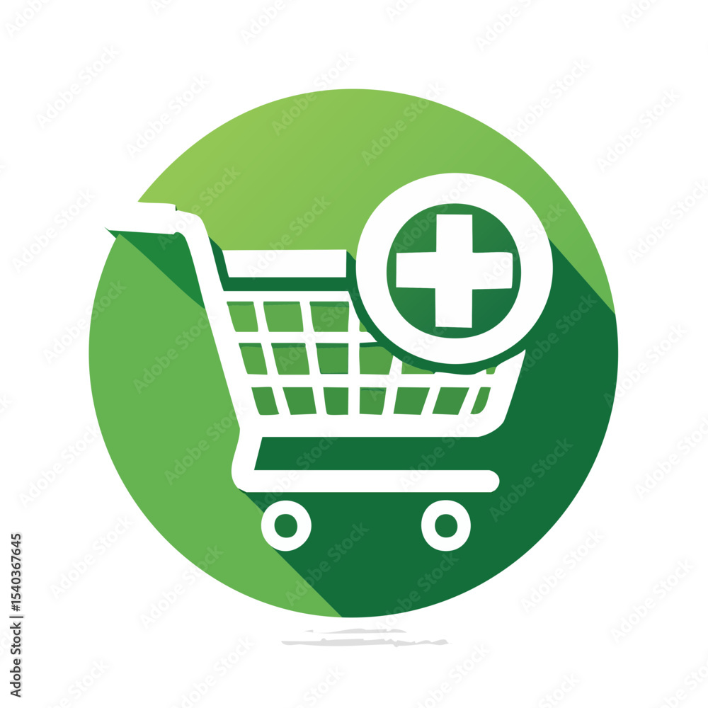Poster shopping cart with plus sign symbol in green circle background adding items online retail