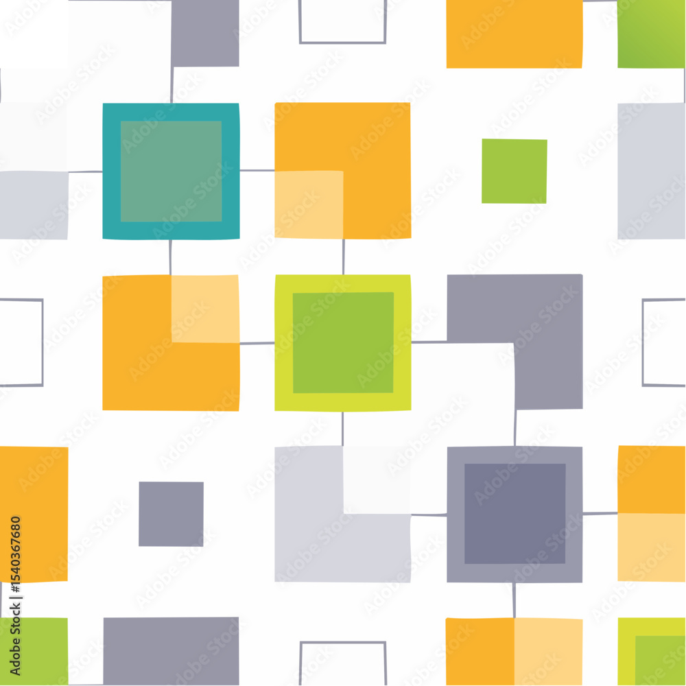 Poster abstract geometric pattern with interconnected colorful squares on a white backdrop, ideal for moder