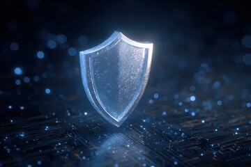 A metallic shield stands prominently against a dark background filled with glowing particles, representing protection and cybersecurity. The design highlights a modern, digital aesthetic.