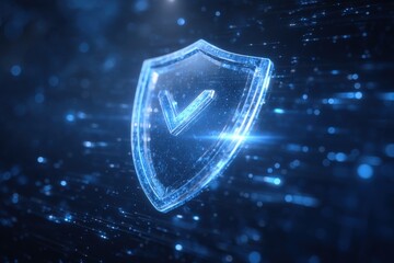 A glowing shield symbol shines against a vibrant blue backdrop of particles and light trails, evoking a sense of digital security and technological progress in a futuristic world.