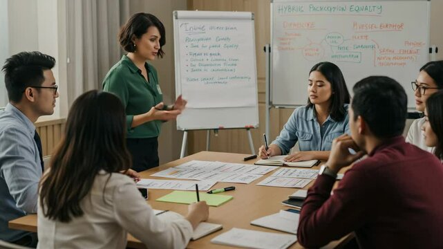Group discusses hybrid recruitment methods in a collaborative workshop setting