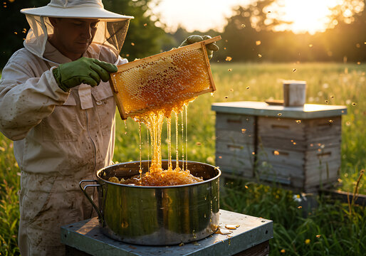 Beekeeper harvesting honeycomb at sunset
