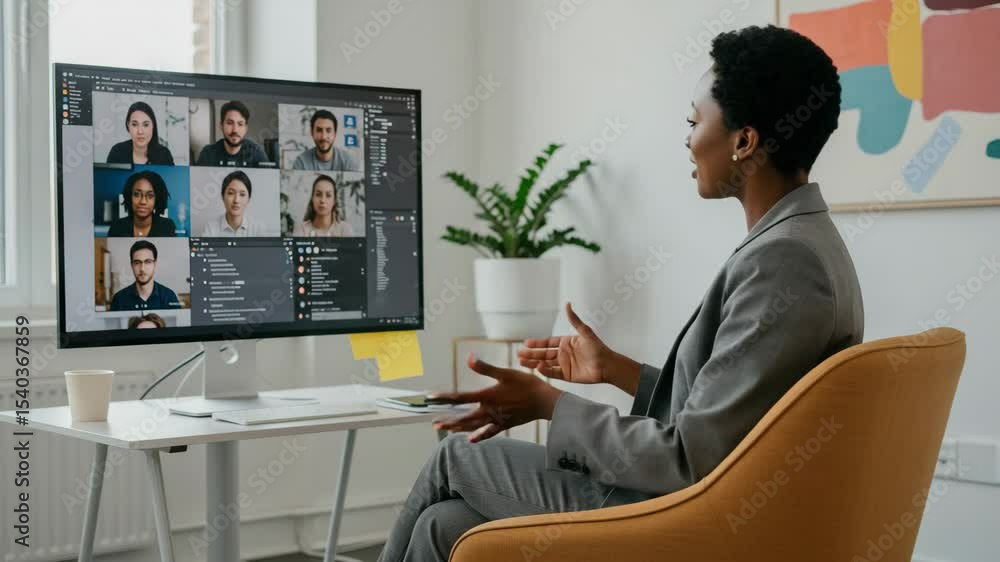 Poster virtual meeting with multicultural participants discussing project updates in a modern workspace