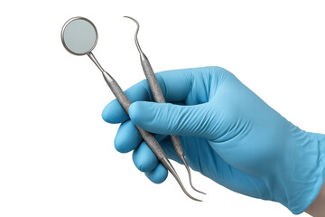 Dentist gloved hand holding dental mirror and dental scaler tools for oral examination and cleaning