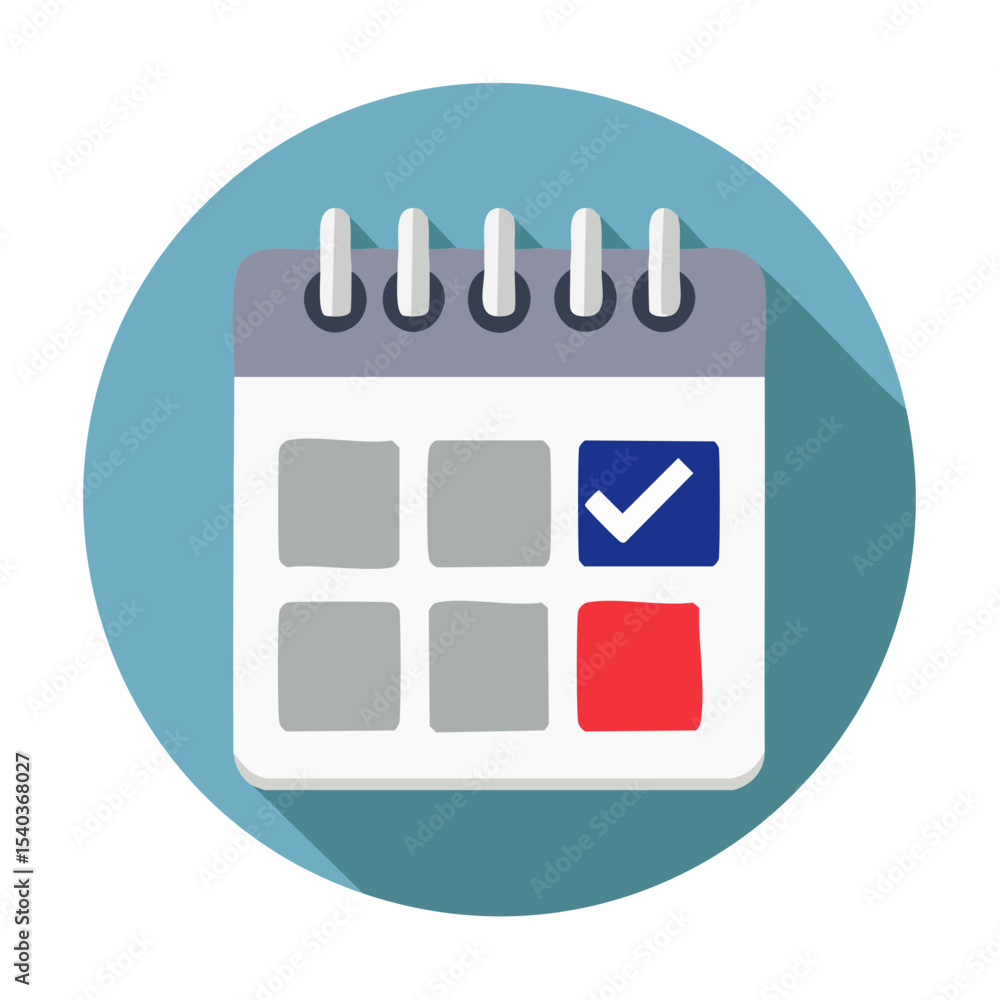 Poster calendar icon with checkmark and red square for scheduling and time management flat design on blue c