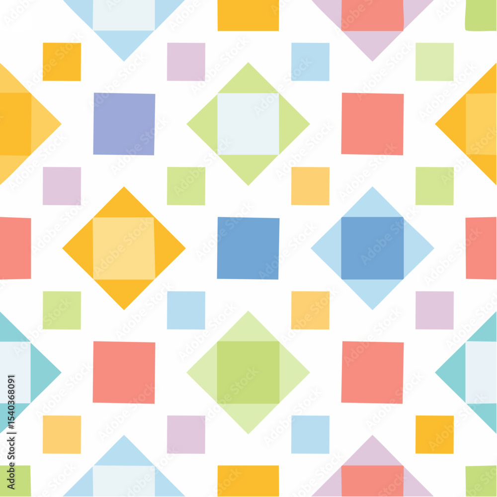 Poster seamless pattern of colorful geometric shapes on white. squares and diamonds repeating across backgr
