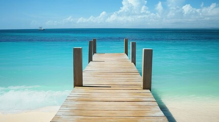 Wooden dock stretching into turquoise waters, serene beach backdrop. Tranquil escape into nature's beauty.