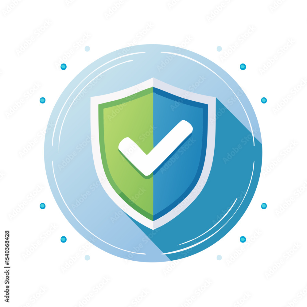 Poster stylized shield with check mark depicting security and protection in a circular icon