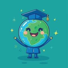 A personified planet Earth beaming with pride after graduating, vector style simple color