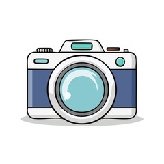 Illustration of a vintage camera with a large lens on a solid black background in flat design style.
