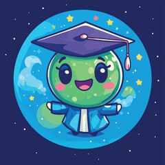 A personified planet Earth beaming with pride after graduating, vector style simple color
