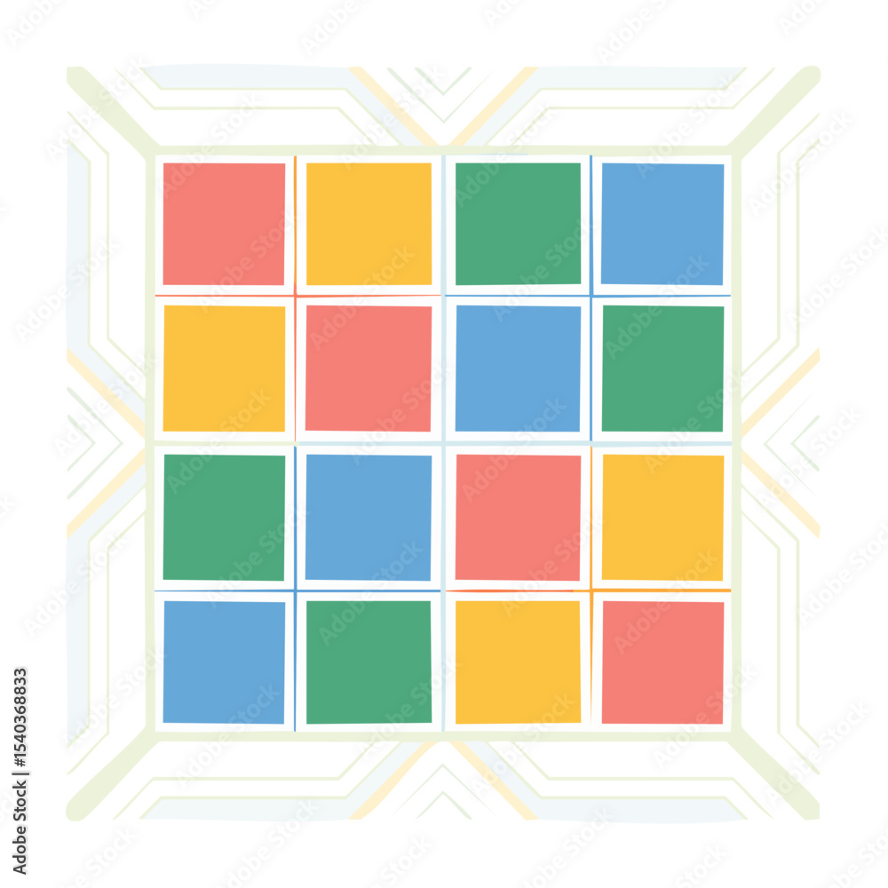 Poster abstract arrangement of colorful squares with geometric border on a black background
