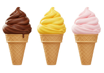 Isolated Three Flavors of Swirled Ice Cream Cones