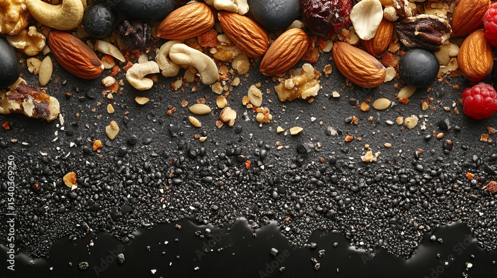 Poster variety of nuts and berries are scattered across a textured black surface, creating a visually appea