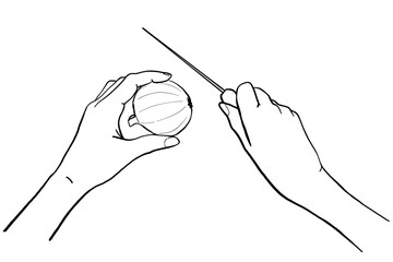 Human hands cutting onion with knife. Line vector illustration. Cooking gestures, food outline drawing for culinary class design etc.