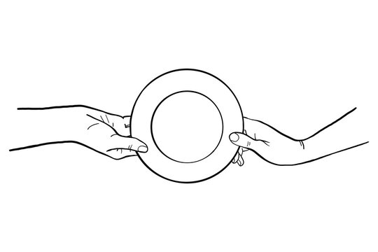 Human hands passing a plate to each other. Line vector illustration. Cooking gestures, food outline drawing for culinary class design etc.