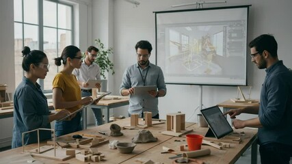 Creative collaboration in modern design studio with students working on projects and engaging in discussions - Powered by Adobe
