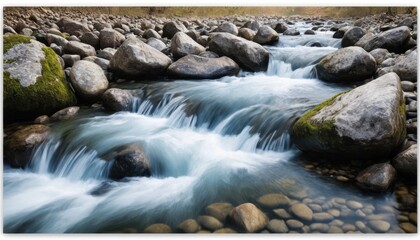 A beautiful cascade of water flows over rocks in a wild forest stream