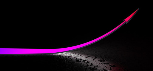 A glowing bright colored arrow pointing upward in a dark space.A glowing graph of steady growth. 3D Render