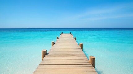 Fototapeta premium Wooden dock stretching into turquoise waters, serene beach backdrop. Tranquil escape into nature's beauty.