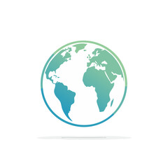 World Globe Graphic Illustration with Continents, Blue Green Gradient Earth Icon on Black Background