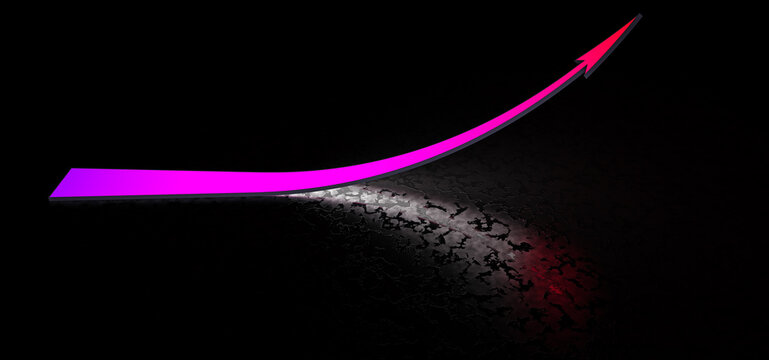A glowing bright colored arrow pointing upward in a dark space.A glowing graph of steady growth. 3D Render