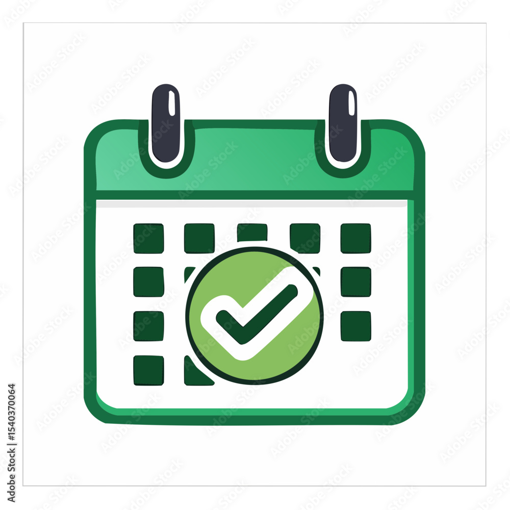 Poster green calendar icon with check mark illustrating schedule management and task completion, meeting pl