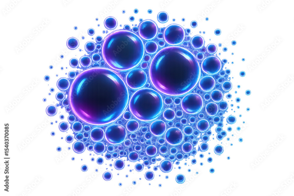 Poster many iridescent soap bubbles floating and glowing on a transparent background, creating a mesmerizin
