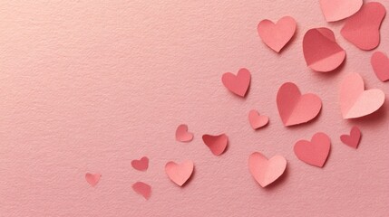 Delicate paper hearts scattered on a soft pink background