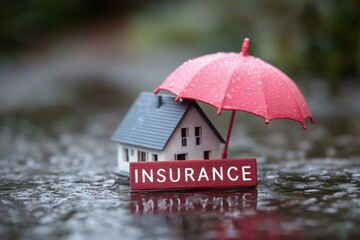A miniature house sits on a wet surface covered in raindrops. A red umbrella stands over the house, while an insurance sign rests prominently nearby. The scene captures a metaphor for protection.