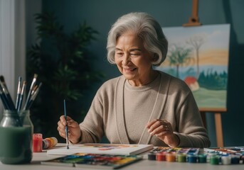 Senior woman painting at home with watercolors, relaxing enjoying hobby