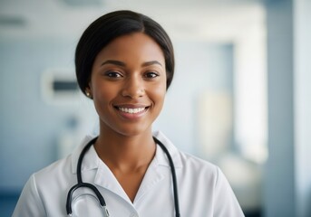 Smiling nurse with stethoscope in hospital setting