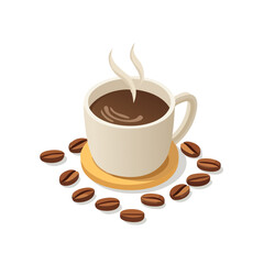 Isometric coffee cup with steam and coffee beans on coaster against black background