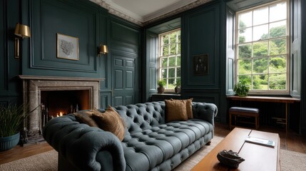 A traditional British living room deep green walls, a classic tufted sofa, brass fixtures, soft fireplace light casting