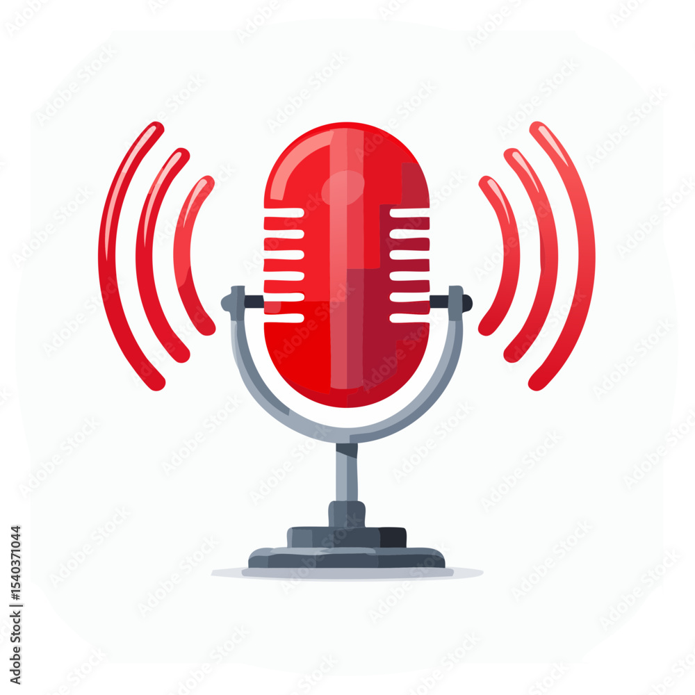Poster retro red microphone with sound waves for podcasting and voice recording