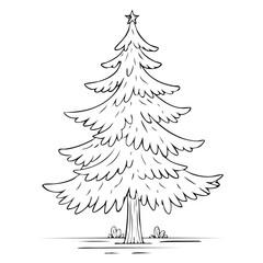 Christmas Tree Outline Drawing with Star on Top, Winter Holiday Season Illustration
